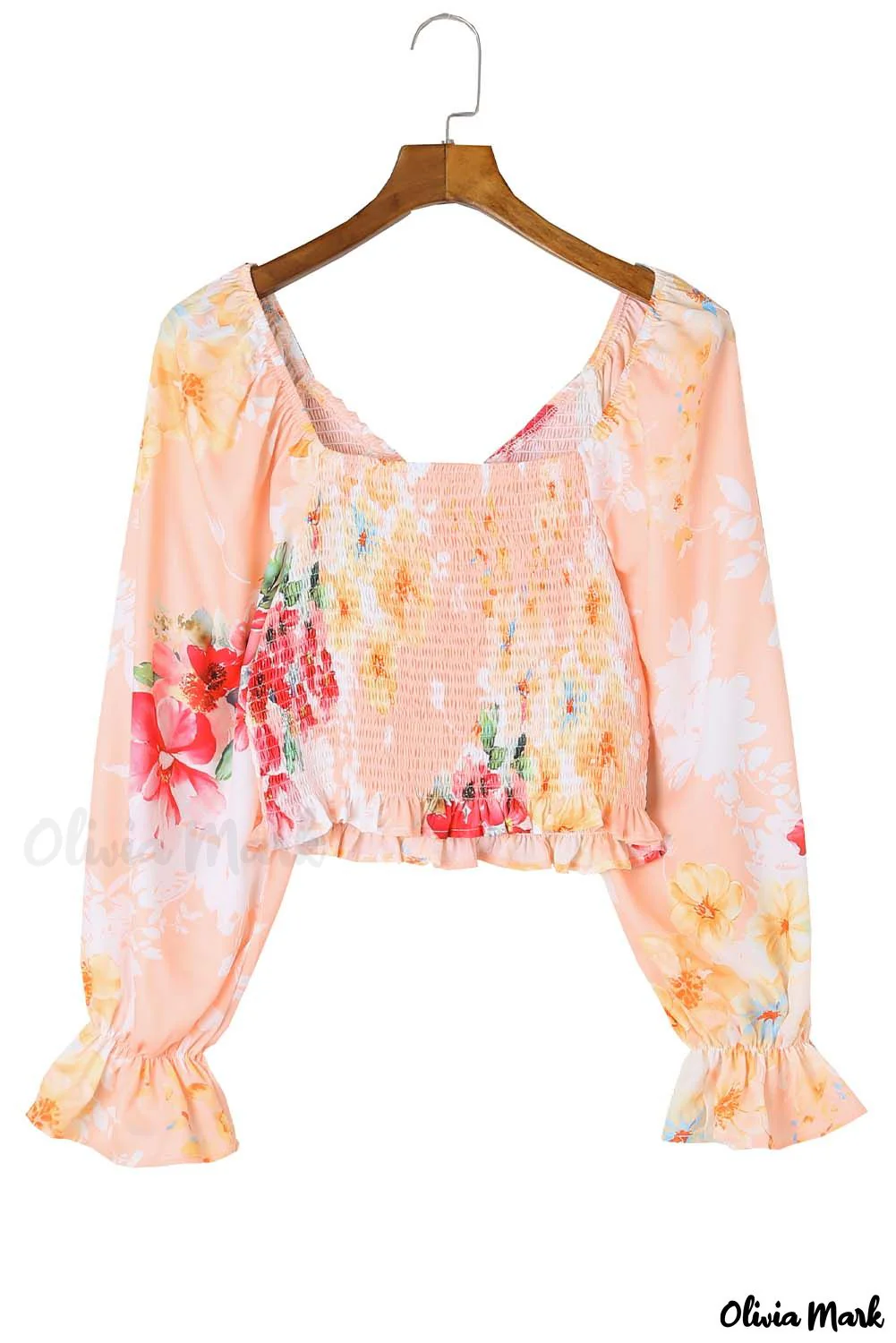 Deanwangkt - Nude Floral V-Neck Smocked Bishop Sleeve Top - Deanwangkt