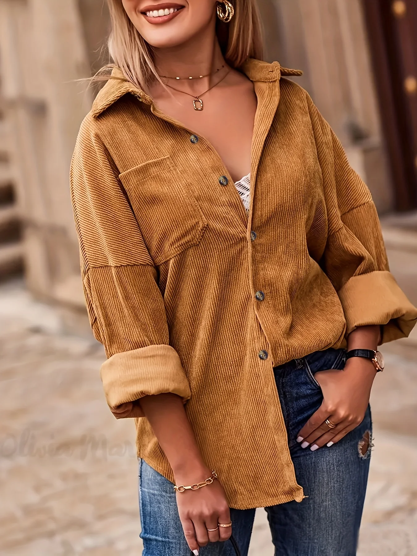 Solid Button Front Pocket Shirt, Casual Long Sleeve Shirt For Spring & Fall, Women's Clothing - Deanwangkt