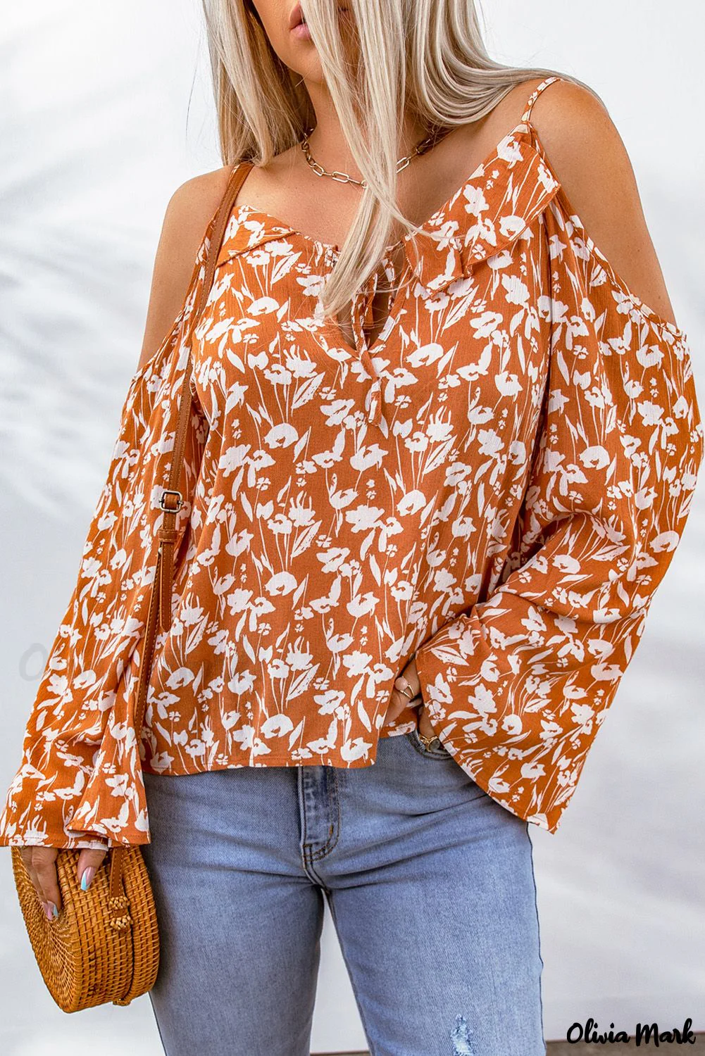 Deanwangkt - Orange Floral Tie Neck Off Shoulder Flare Sleeve Blouse - Deanwangkt