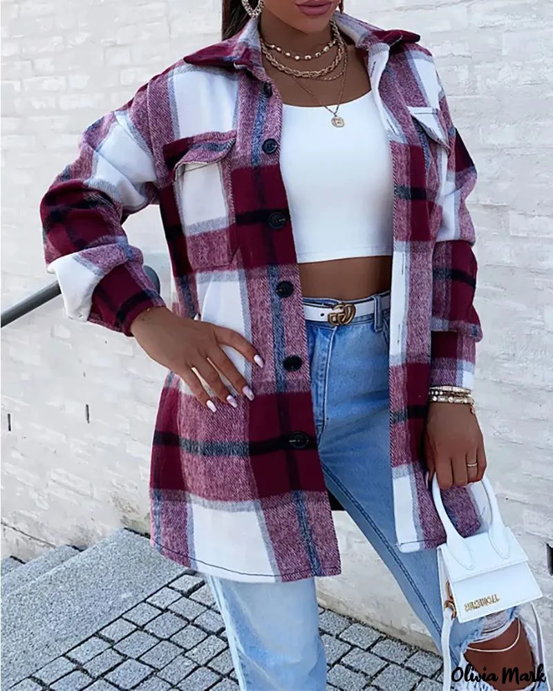 Deanwangkt - Plaid Print Pocket Button Pattern Long Sleeve Jacket - Deanwangkt