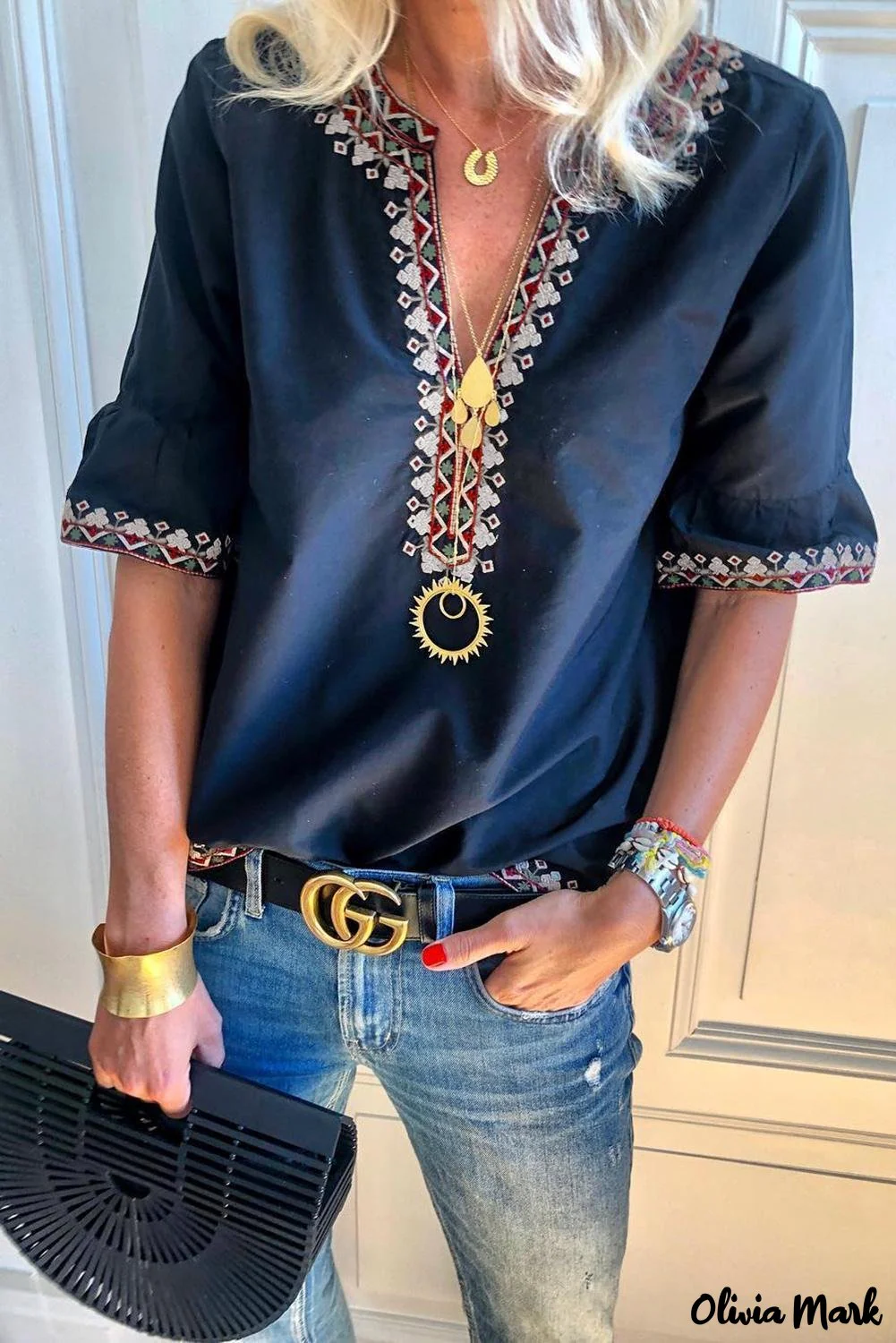 Deanwangkt - Green Bohemian Floral V-Neck Casual Blouse - Deanwangkt