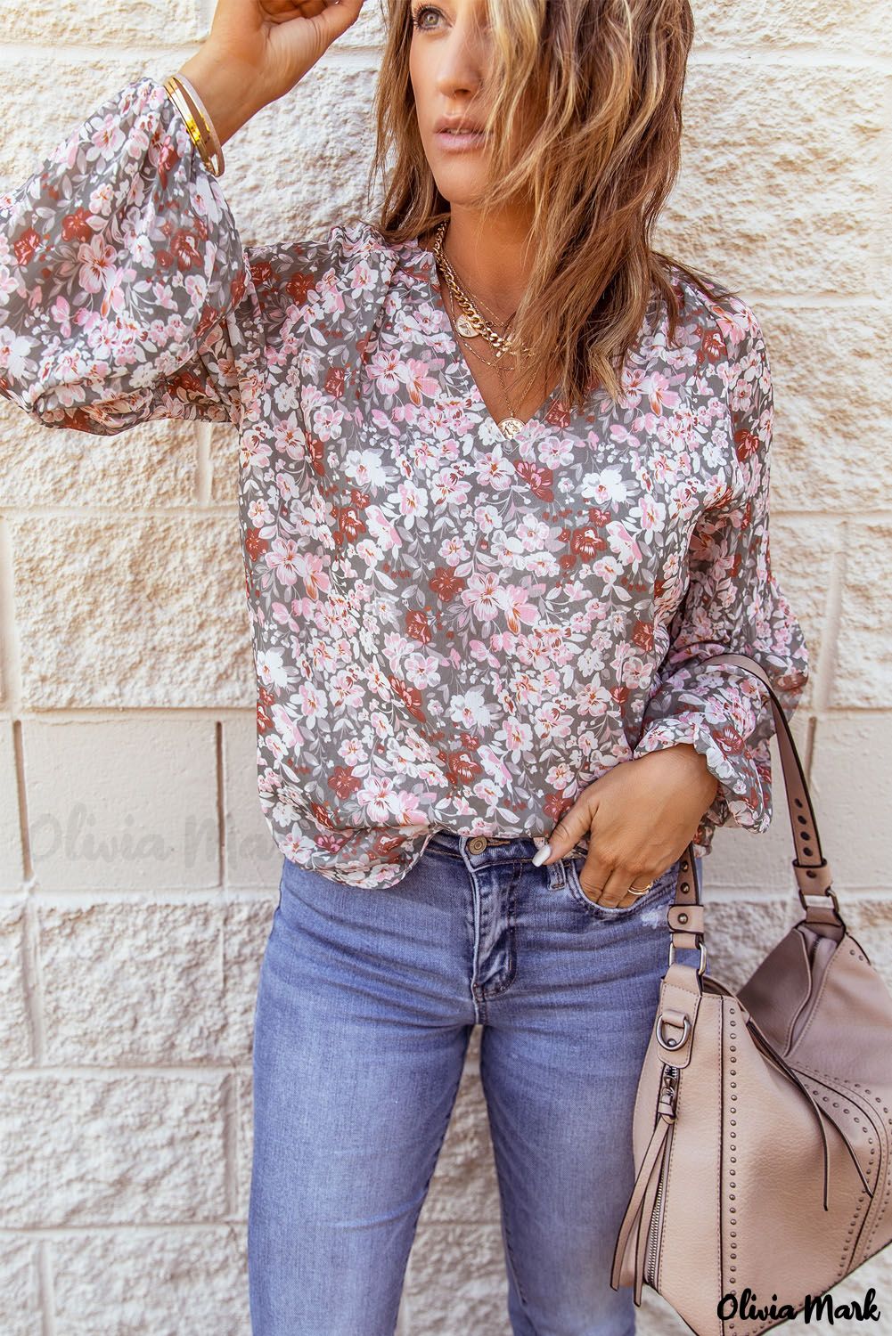Deanwangkt - Multicolor Floral Print V-Neck Long Puff Sleeve Blouse - Deanwangkt