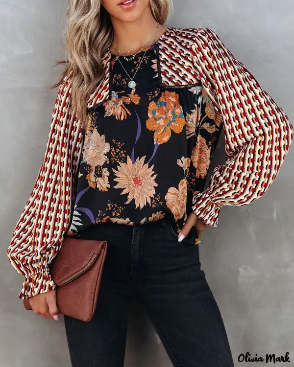 Deanwangkt - Floral Geometric Print Patchwork Ruffle Sleeve Top - Deanwangkt