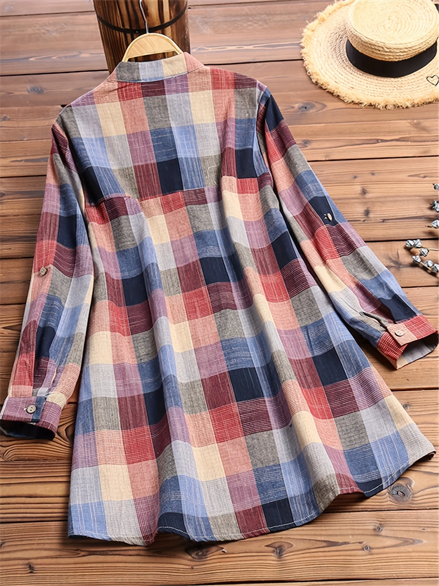 Plaid Print Button Front Shirt, Casual Long Sleeve Shirt, Women's Clothing - Deanwangkt