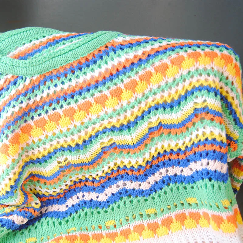 Christmas Gift Aproms Multi Color Blocked Knitted Pullover Women Summer Casual Flare Sleeve Hollow Out Sweater Cool Girls Fashion Jumper Deanwangkt - Deanwangkt