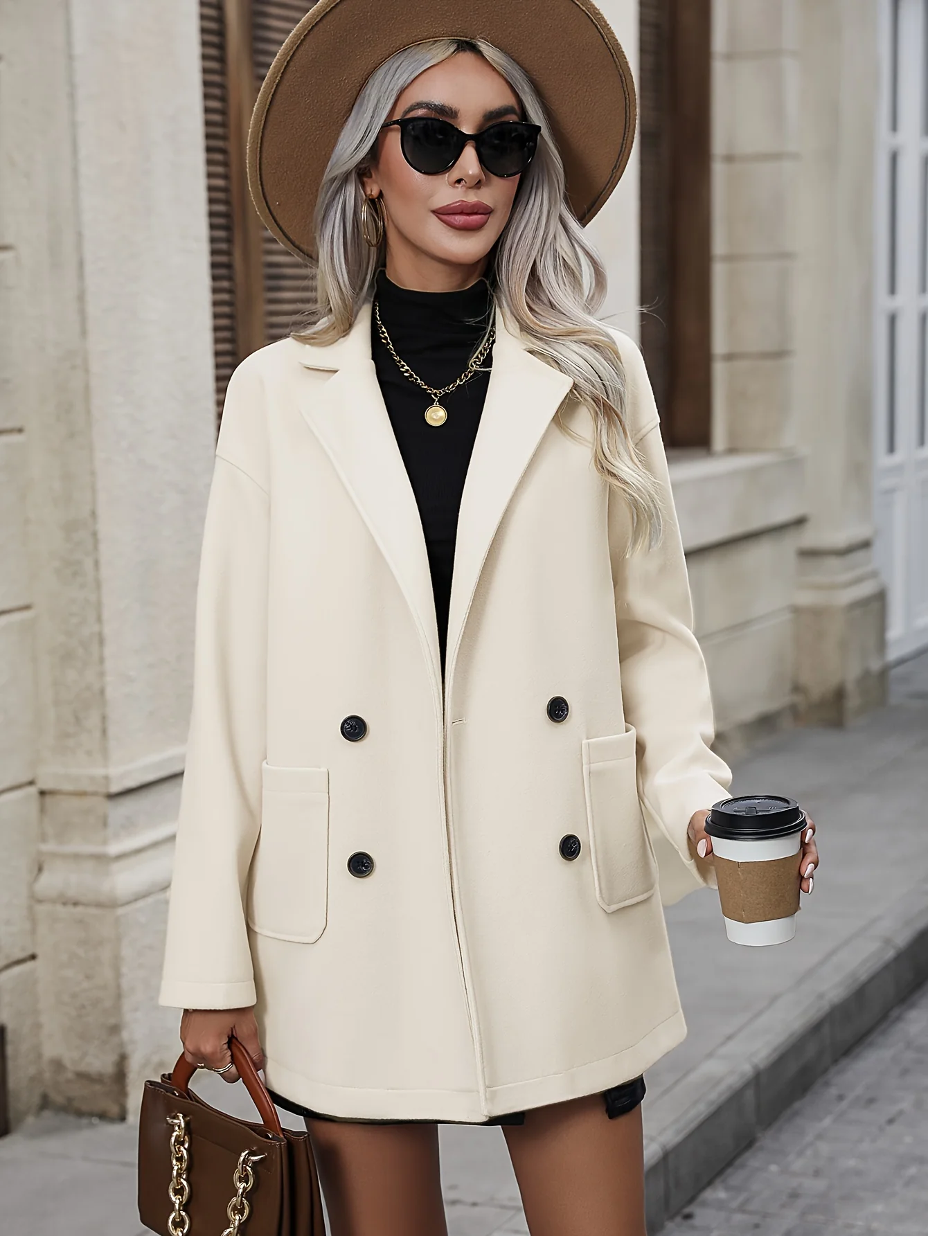 deanwangkt-1  Double Breasted Solid Overcoat, Elegant Lapel Long Sleeve Outerwear, Women's Clothing - Deanwangkt