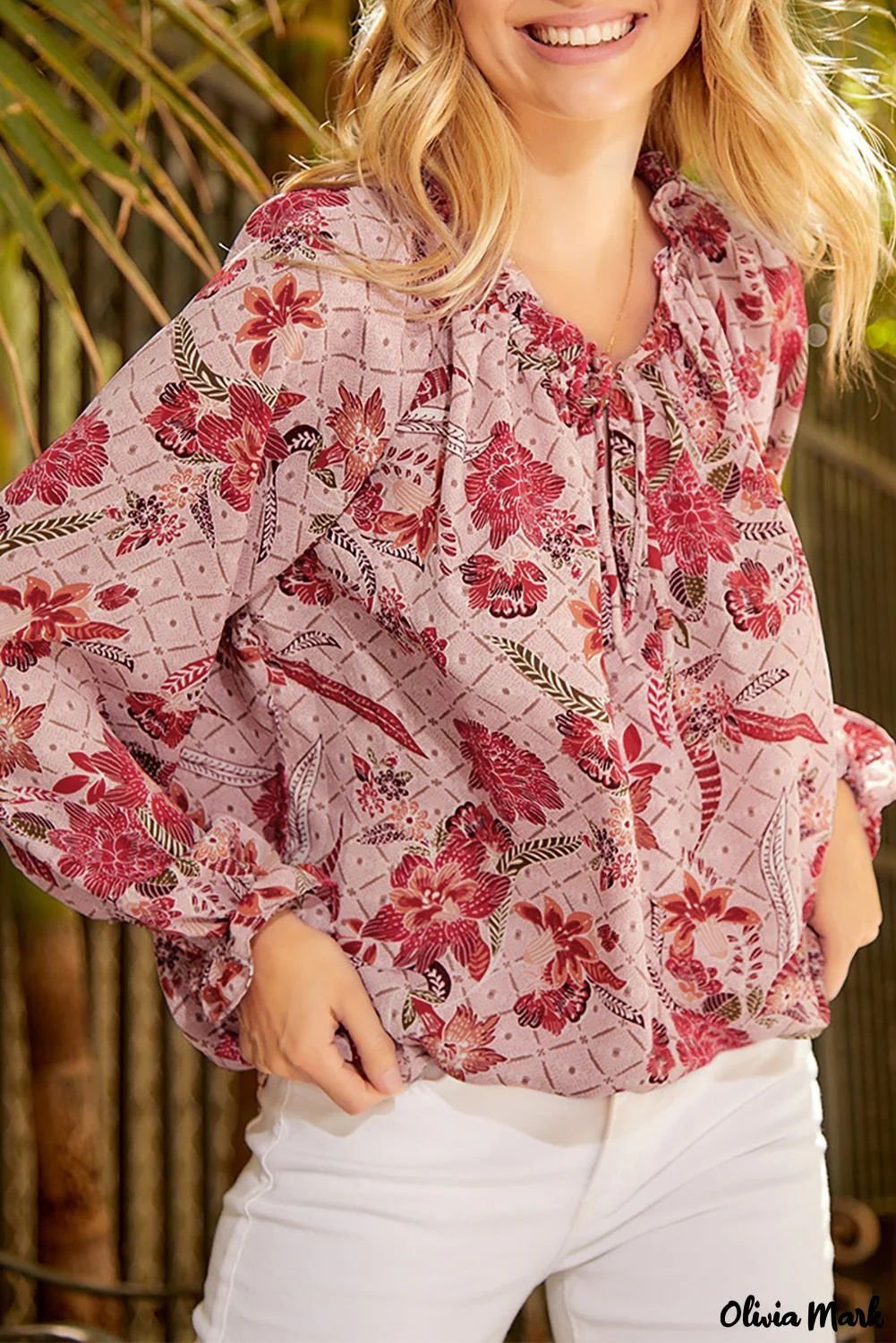 Deanwangkt - Pink Printed Split V-Neck Blouse - Deanwangkt