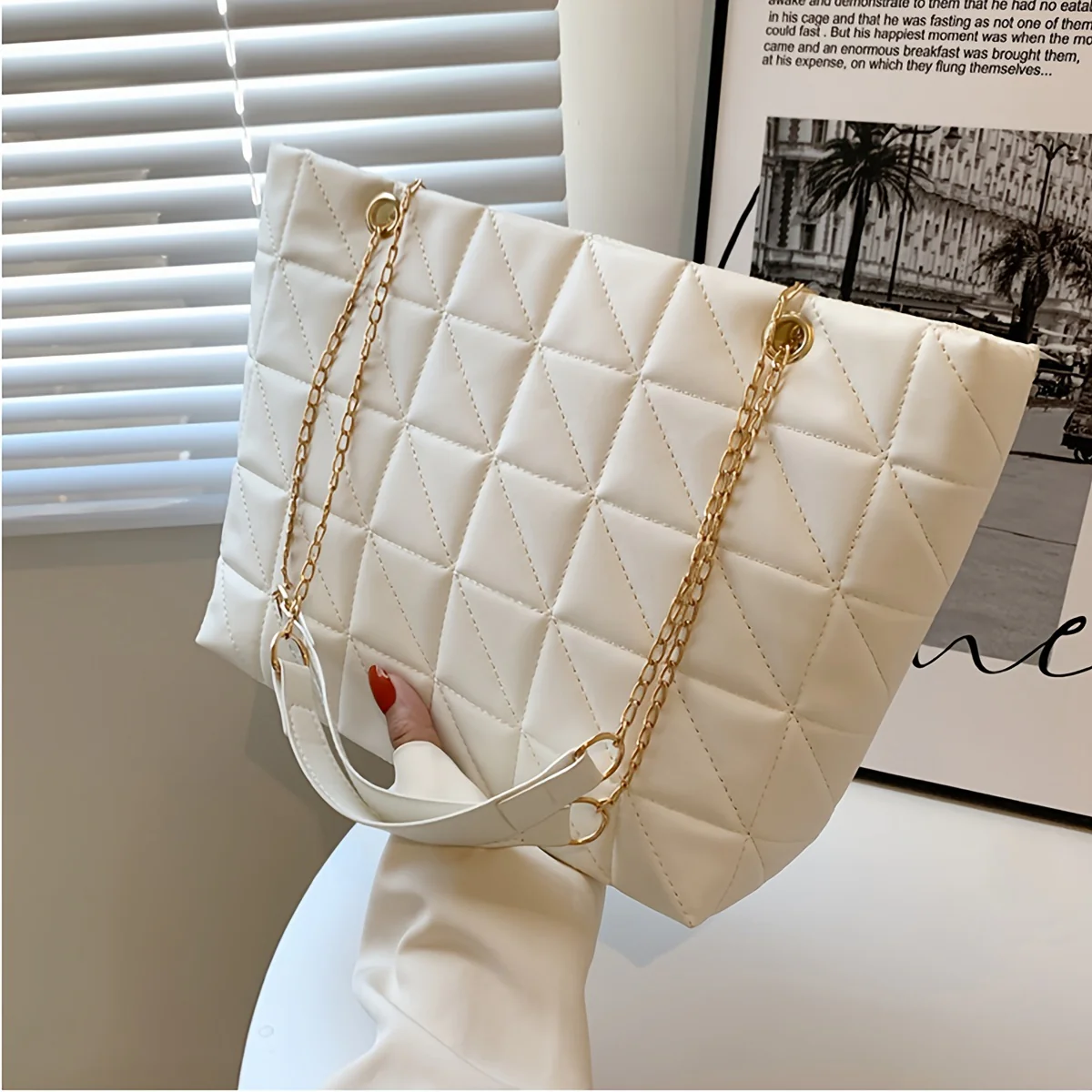 deanwangkt  Square Seam Pattern Tote Bag, Faux Leather Golden Chain Straps Handbag, Zipper Plaid Large Capacity Bag, Women's Bags - Deanwangkt