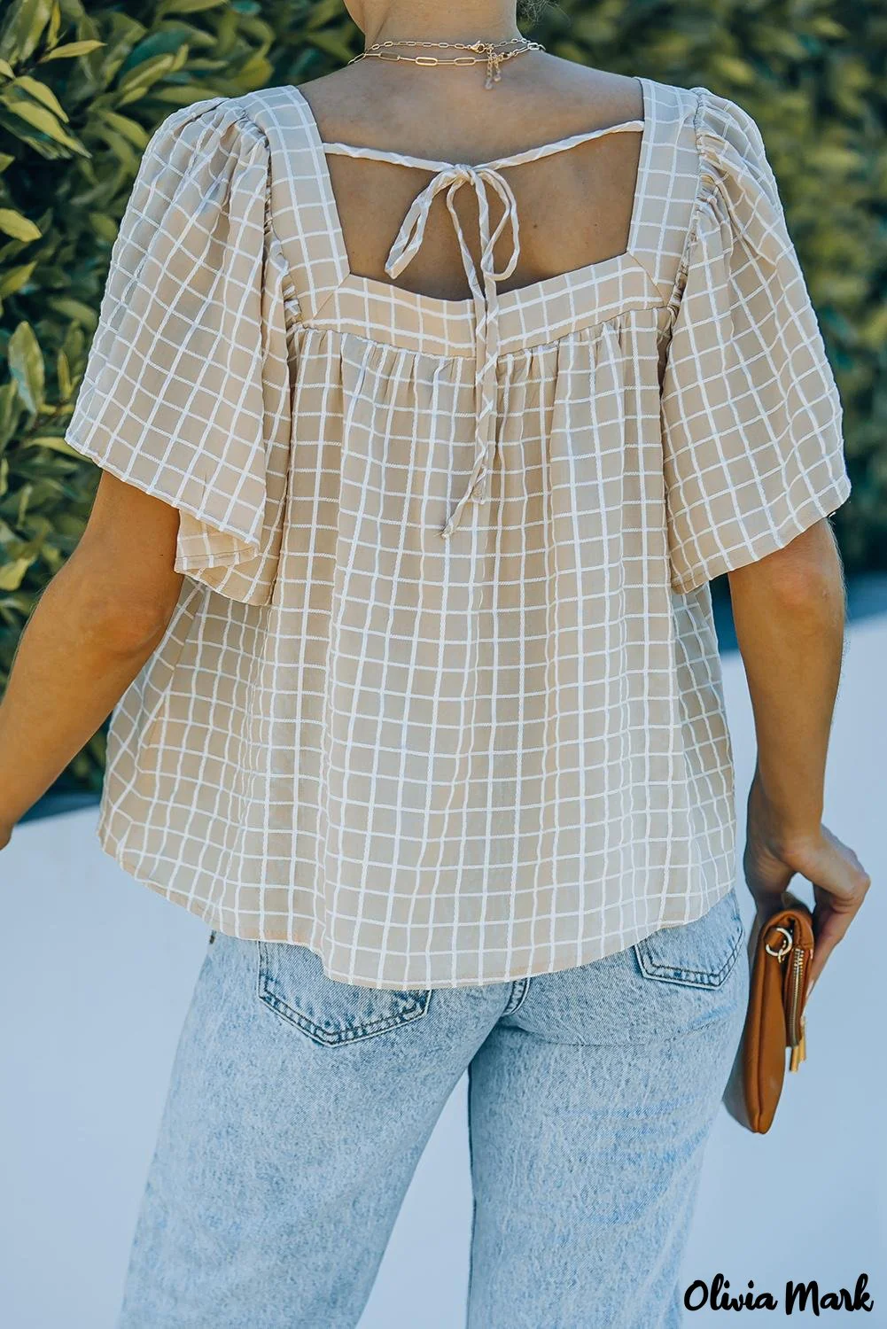 Deanwangkt - Khaki Gingham Flutter Sleeve Blouse - Deanwangkt