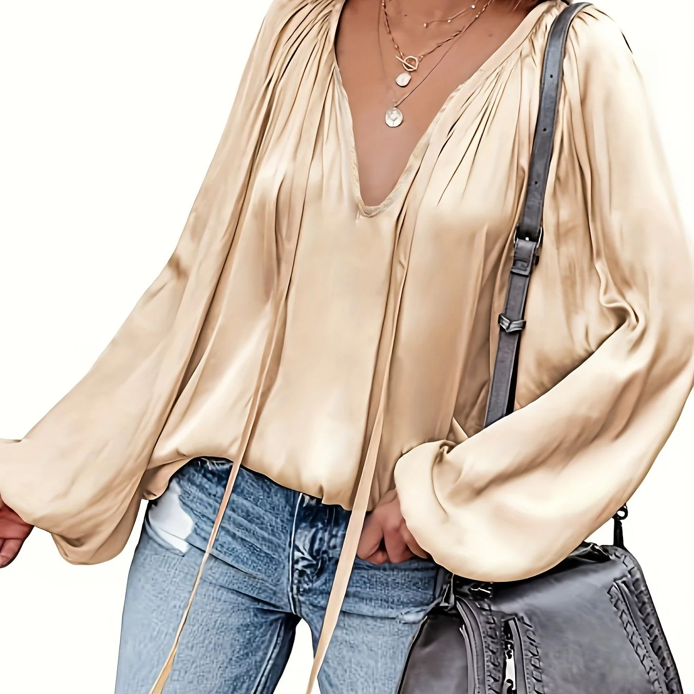 Solid Tie Neck Pleated Blouse, Casual Long Sleeve Blouse For Spring & Fall, Women's Clothing - Deanwangkt