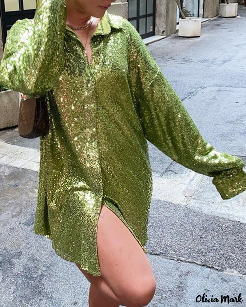 Deanwangkt - Stylish Long Sleeve Top with Allover Sequin Detail and Turn-down Collar - Deanwangkt