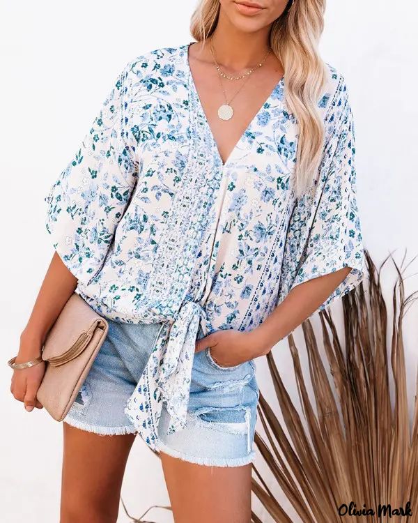 Deanwangkt - Floral Print Lace Up Half Sleeve Shirt - Deanwangkt