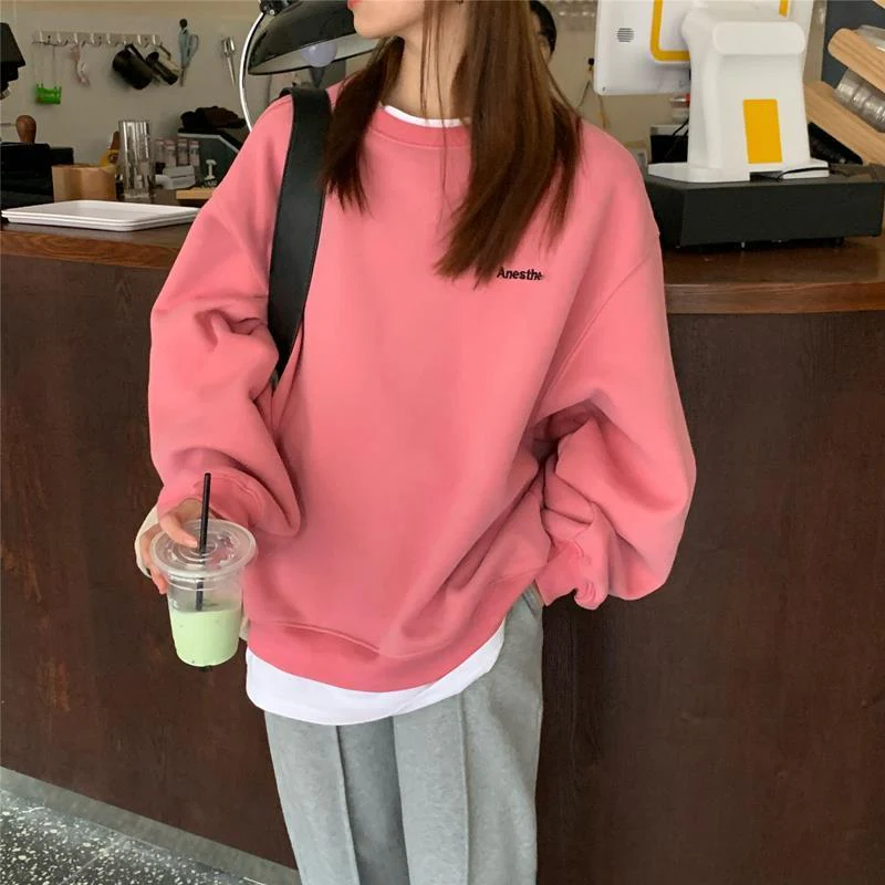 Christmas Gift Deanwangkt spring and autumn new splicing Pullover fashion Korean thick and thin women's Sweatshirt Navy Gray Black Pink women's Hoodi - Deanwangkt