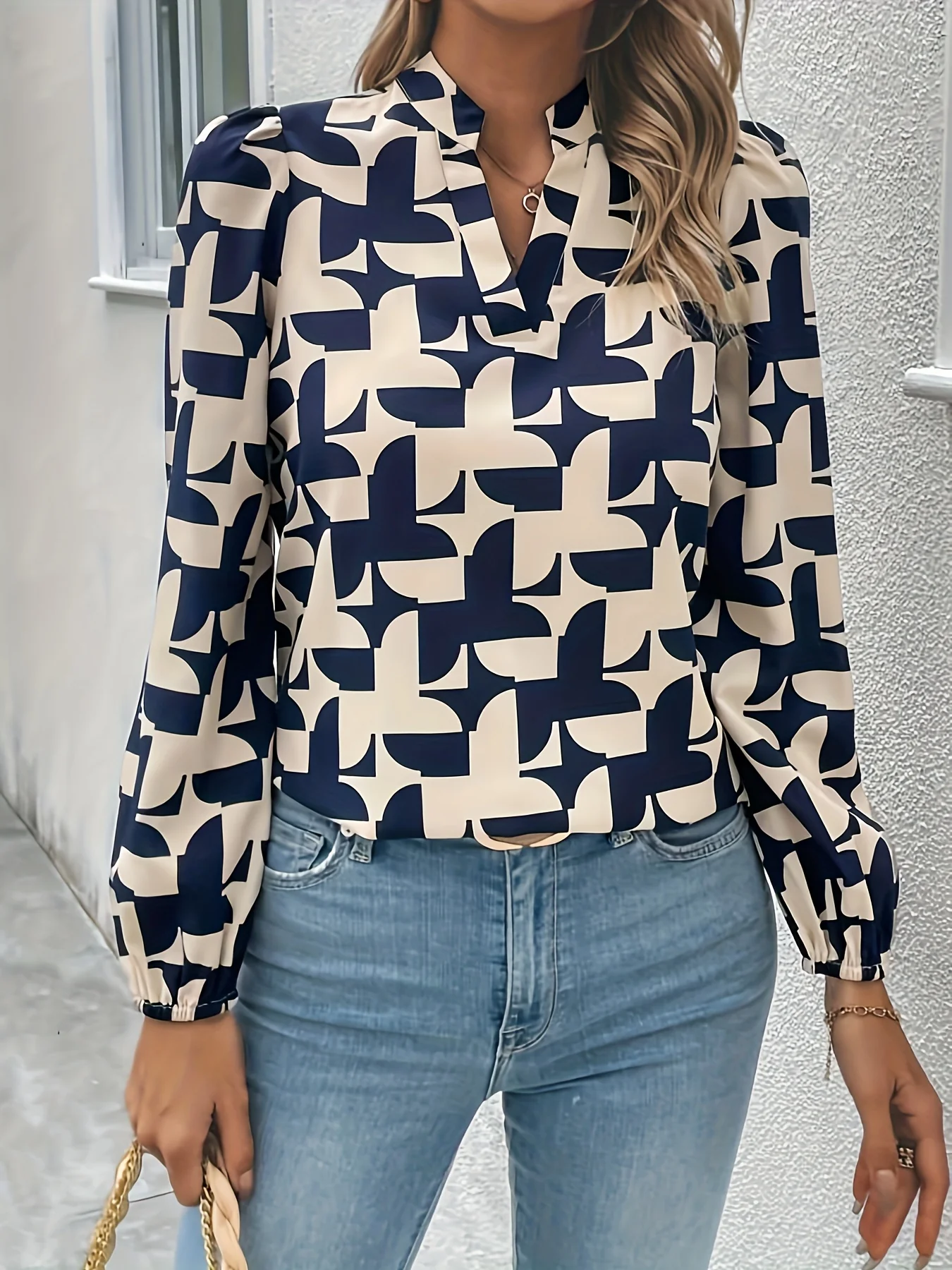 Geo Print Notch Neck Blouse, Casual Lantern Sleeve Blouse For Spring & Fall, Women's Clothing - Deanwangkt