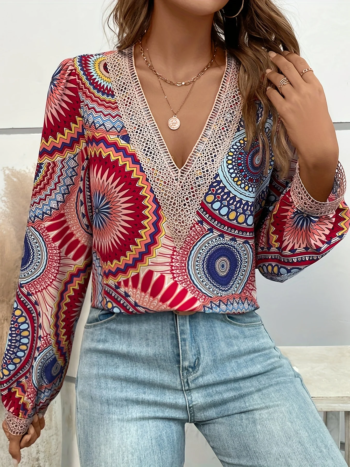 Mandala Floral Print Blouse, Boho Guipure Lace V Neck Long Sleeve Blouse, Women's Clothing - Deanwangkt