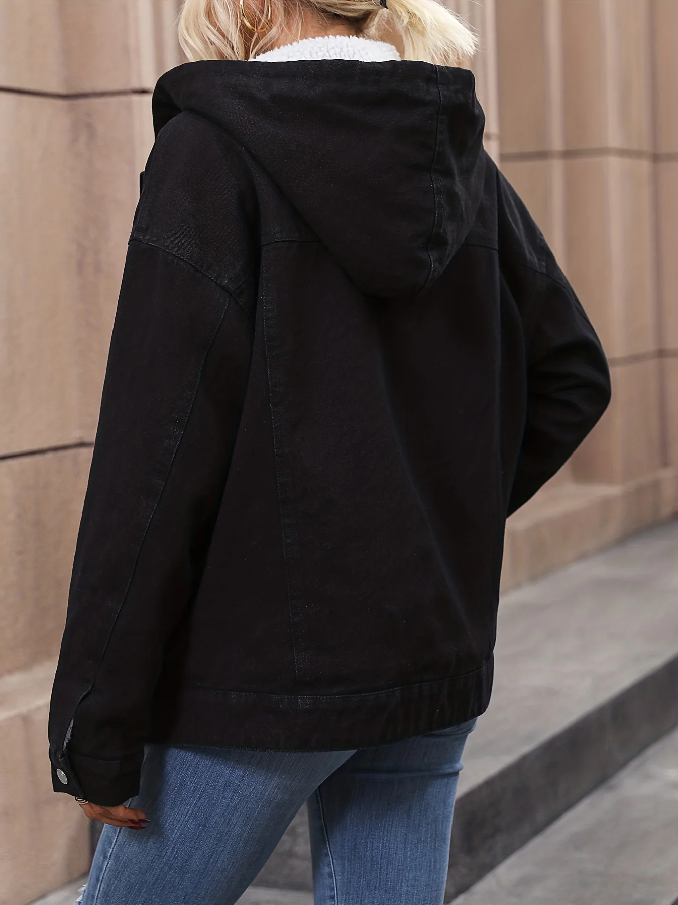 Black Fleece Liner Hooded Denim Coat, Long Sleeves Drawstring Keep Warm Denim Jacket, Women's Denim Clothing - Deanwangkt