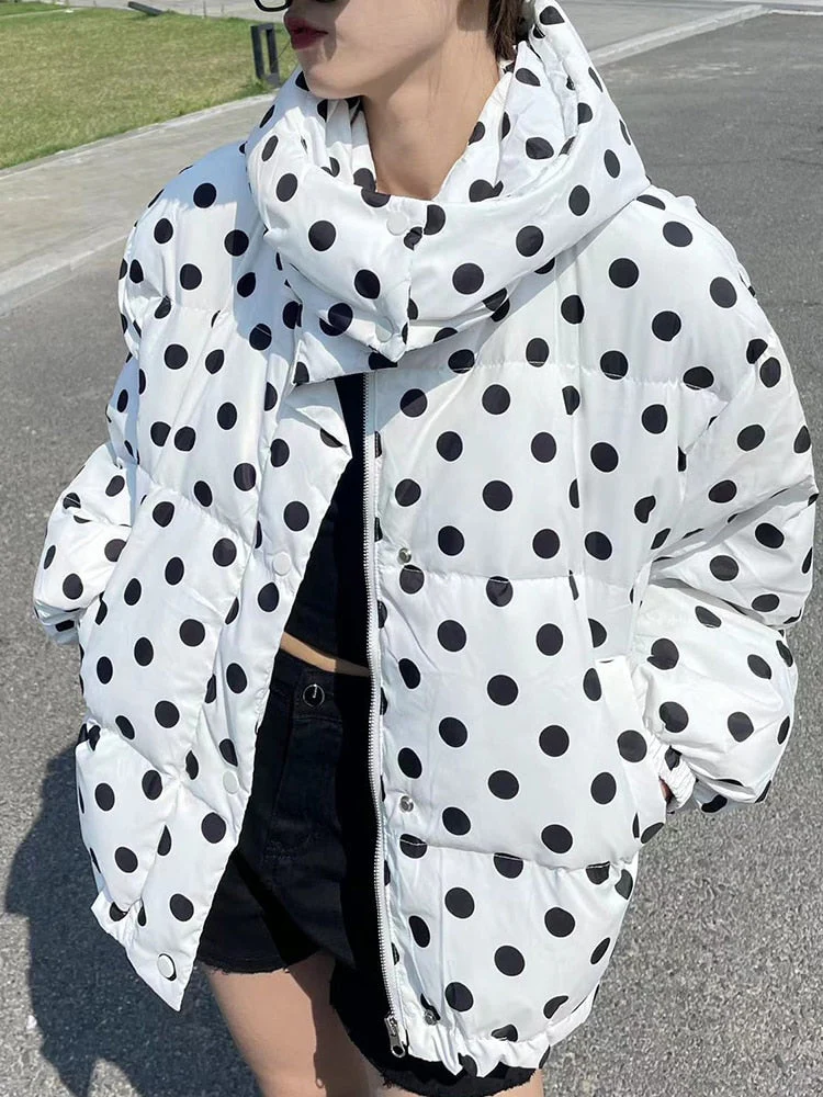 Black Friday Sales New Winter Women Vintage Polka Dot Thick Warm 90% White Duck Down Jacket Hooded Loose Female Down Coat Snow Outwear - Deanwangkt