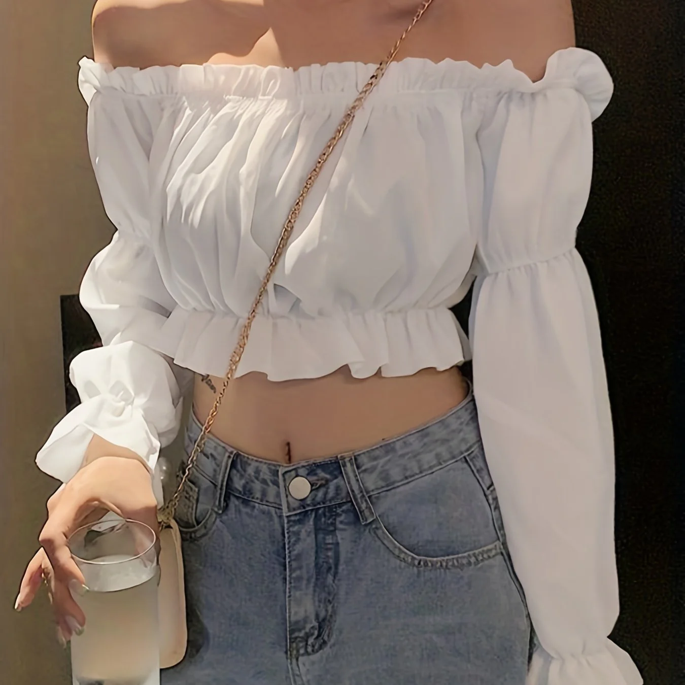 Off Shoulder Ruffle Trim Blouse, Long Sleeve Casual Crop Top, Women's Clothing - Deanwangkt