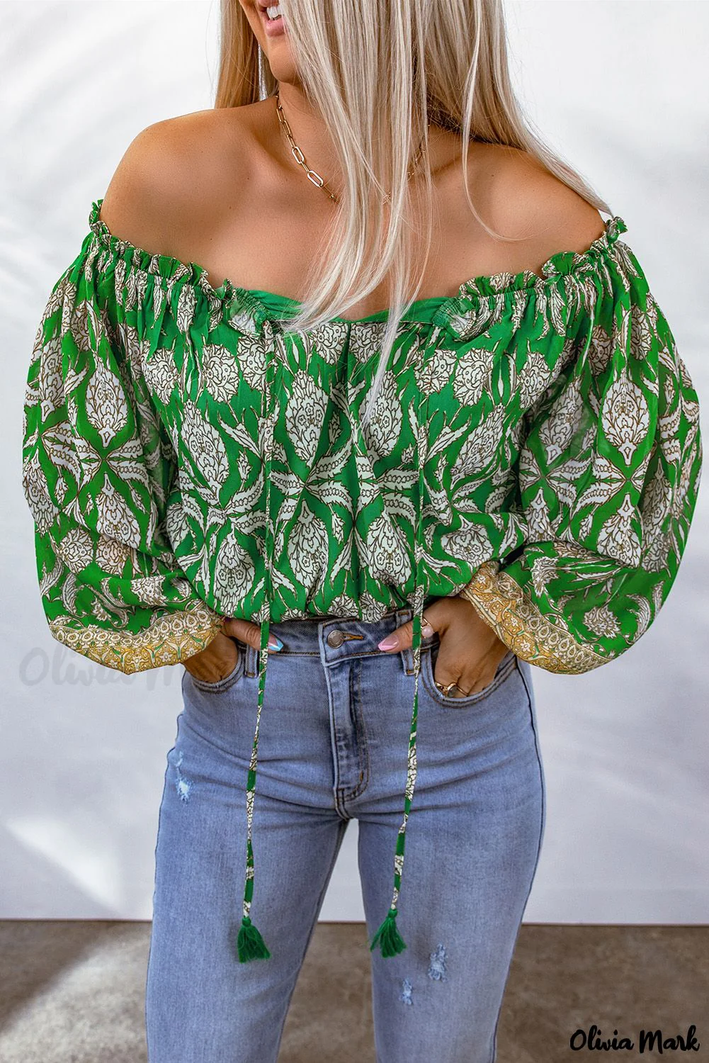 Deanwangkt - Green Floral Print Tie Shoulder Blouse - Deanwangkt