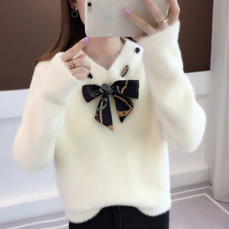 Christmas Gift Deanwangkt New Autumn Winter Women Sweaters Knitted Jumper Bow Tie Pullovers Casual Sweaters Long Sleeve Slim Sweater Femme Pull P800 - Deanwangkt