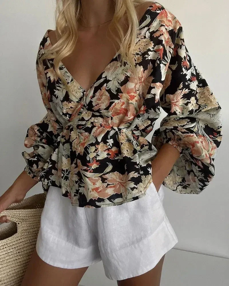 Deanwangkt - Lantern Sleeve Floral Print V-Neck Top - Deanwangkt