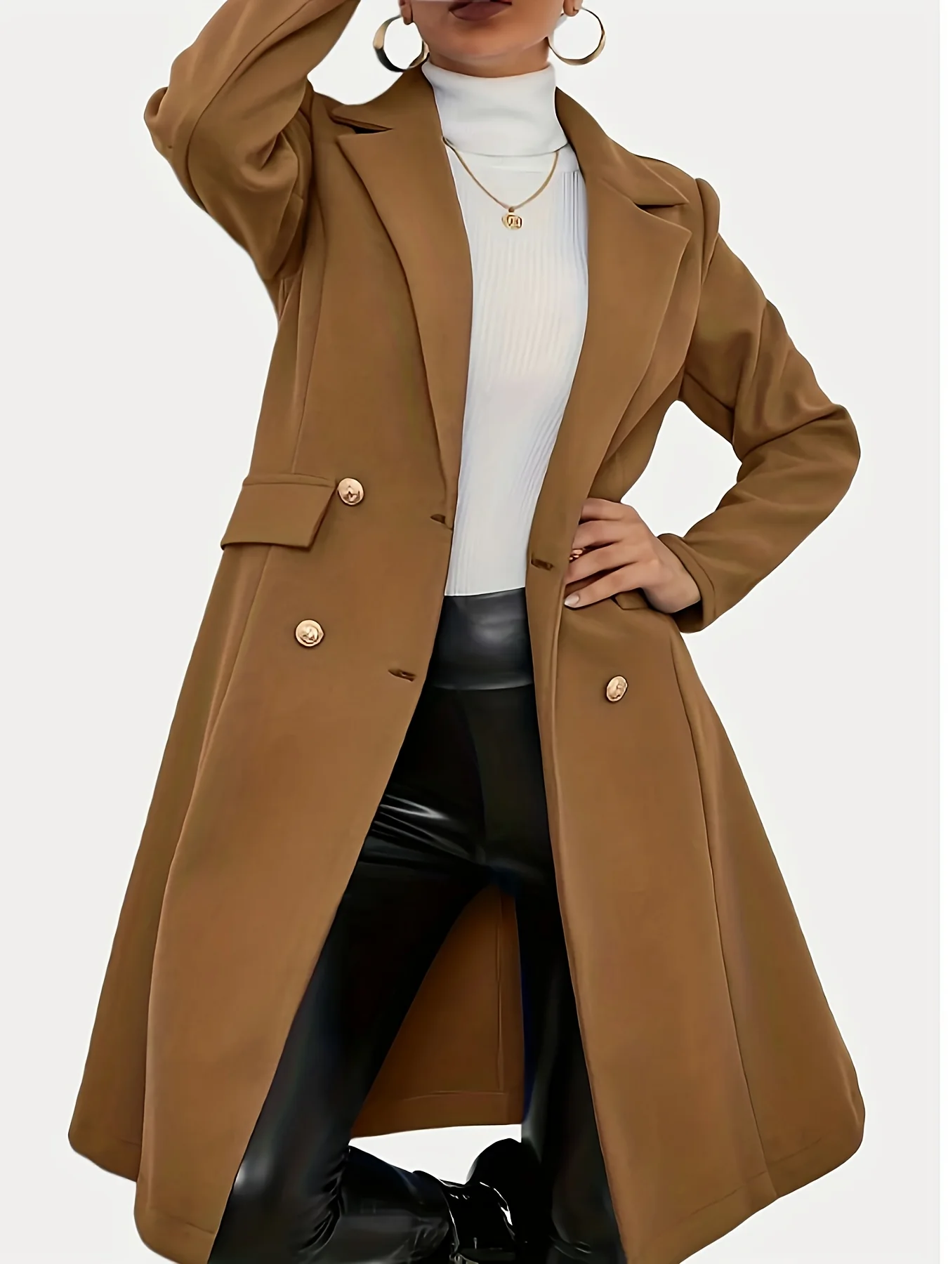 deanwangkt-1  Solid Double Breasted Lapel Overcoat, Versatile Long Sleeve Thermal Coat For Winter, Women's Clothing - Deanwangkt