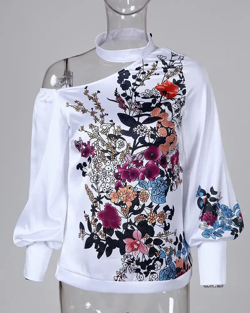 Deanwangkt - One Shoulder Floral Print Lantern Sleeve Top - Deanwangkt
