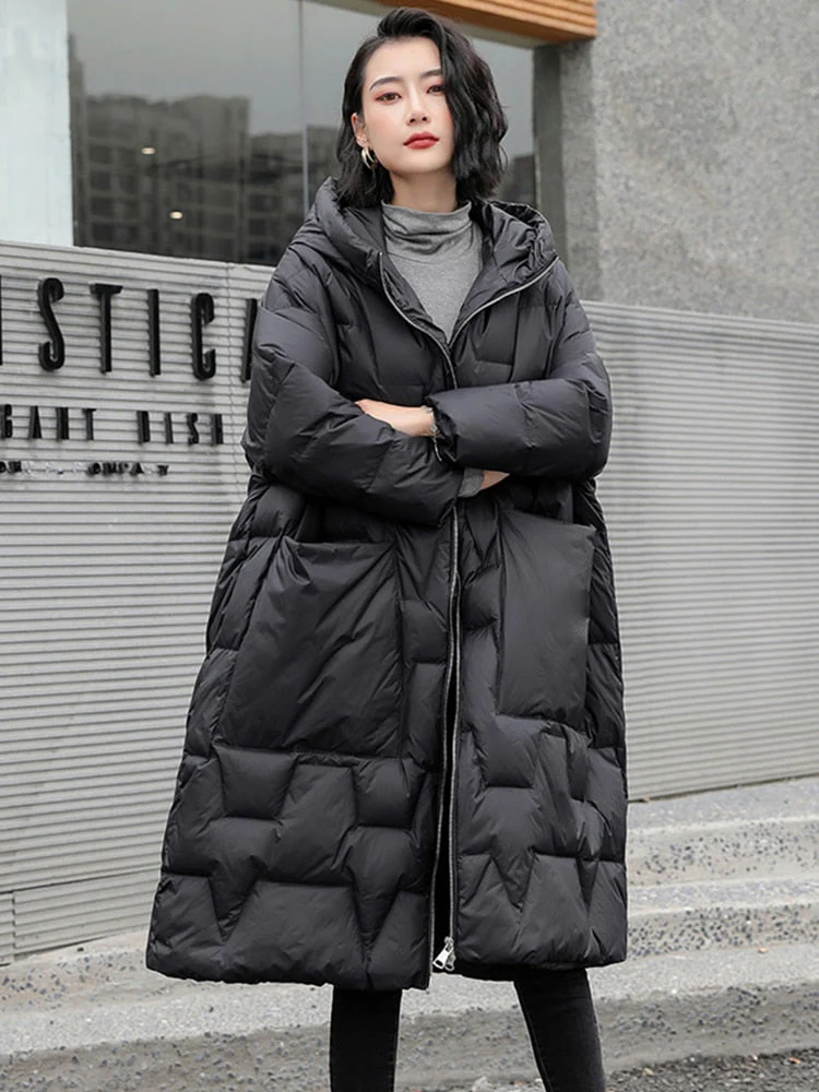 Black Friday Sales Winter Women Hooded Loose Thick Warm 90% White Duck Down Long Parkas Casual Female Zipper Pocket Down Coat Snow Outwear - Deanwangkt