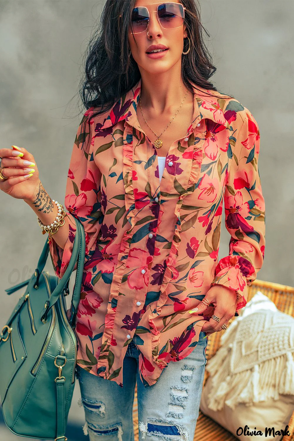 Deanwangkt - Red Floral Ruffled Long Sleeve Shirt - Deanwangkt