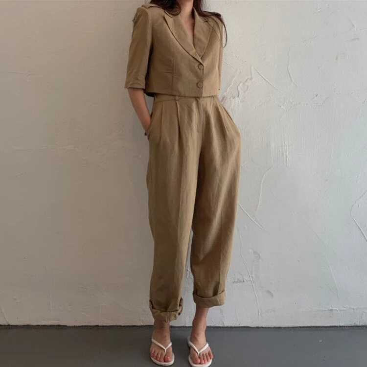 Christmas Gift Deanwangkt New Spring Summer Woman Sets 2 Piece Ankle-Length Wide Leg Pants High Waist Casual Single Breasted Suit WS1019 - Deanwangkt