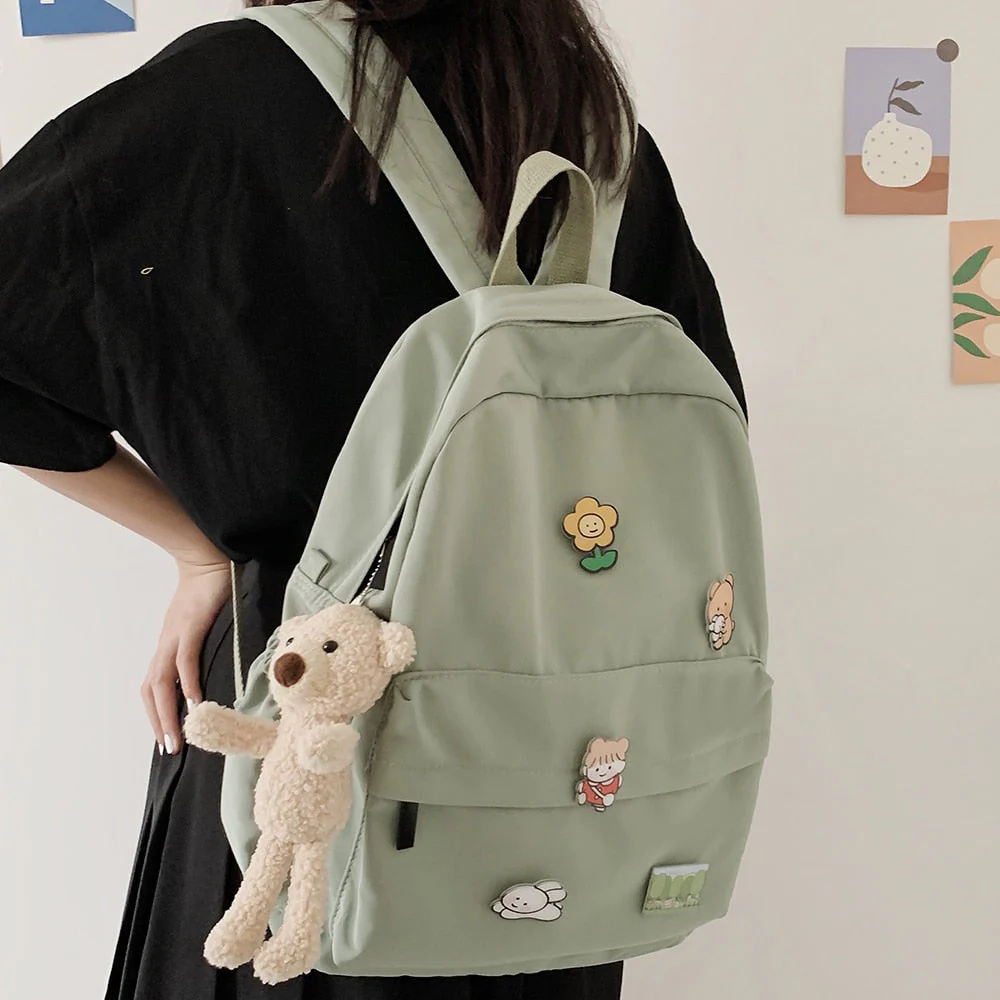 Women Nylon Cute Backpack Bear Female Student College School Bag Badge Girl Doll Backpack Kawaii Book Ladies Fashion Bags Trendy - Deanwangkt