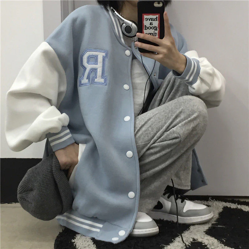 Christmas Gift Deanwangkt Spring Coat American Baseball Bomber Jacket Loose Letter R Men Women Couples Tops Harajuku Plus Size Jackets Streetwear - Deanwangkt