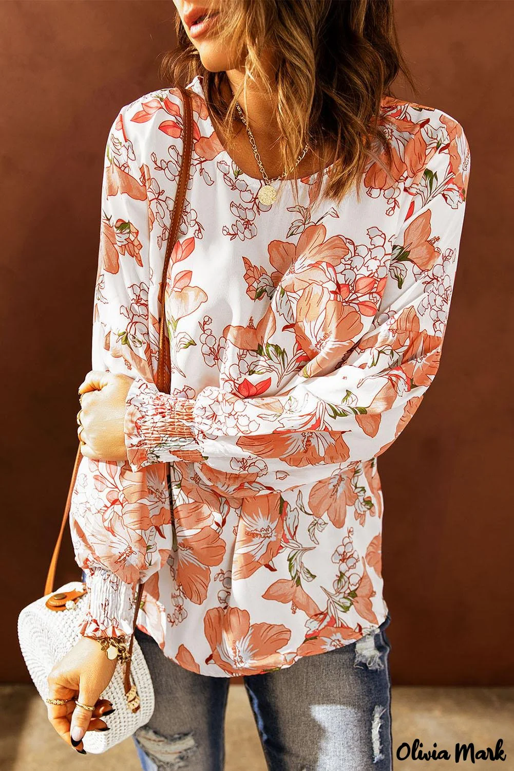 Deanwangkt - Orange floral print puff sleeve shirt with smocked cuffs - Deanwangkt