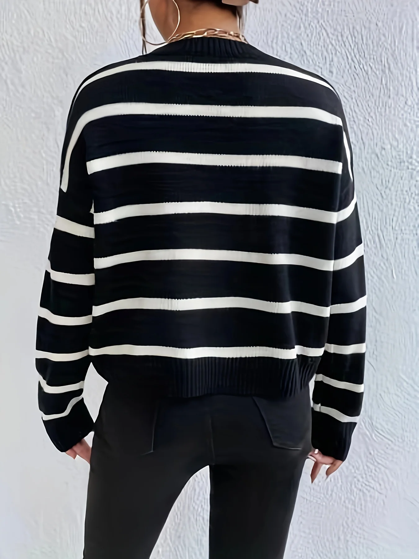 deanwangkt-1  Striped Crew Neck Pullover Sweater, Casual Long Sleeve Drop Shoulder Sweater, Women's Clothing - Deanwangkt