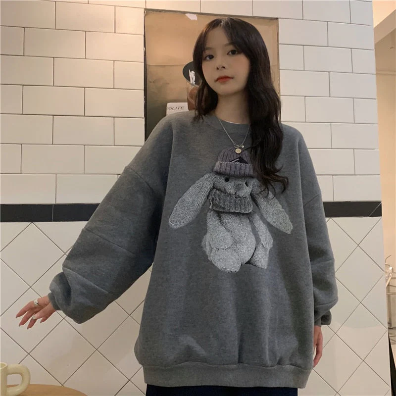 Black Friday Sales Harajuku Street Winter Sweatshirt Woman Kawaii Rabbit Pattern Warm Loose Pullover Stylish Casual Hip Hop Hoodie Streetwear - Deanwangkt