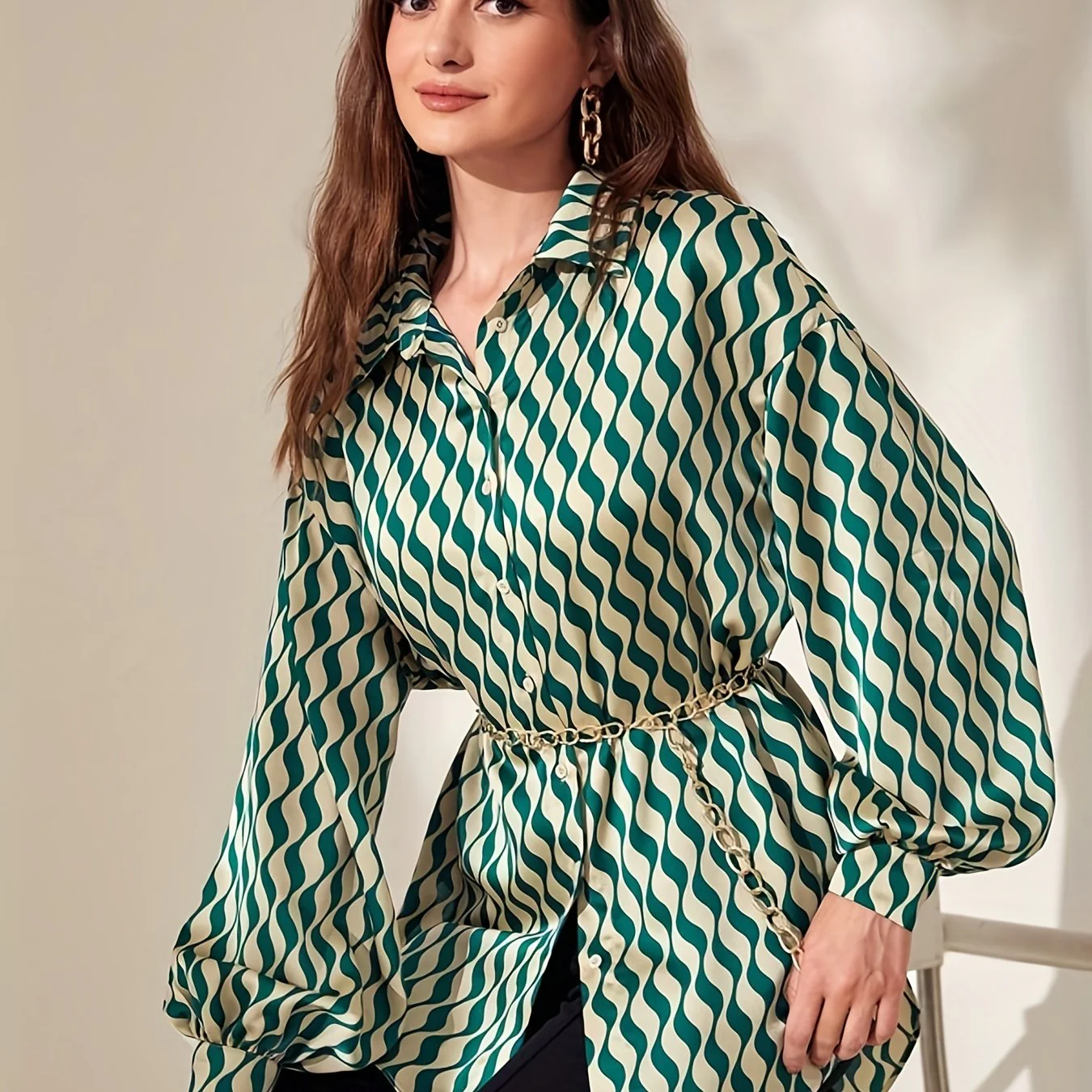 Allover Print Button Front Blouse, Casual Lantern Sleeve Lapel Blouse For Spring & Fall, Women's Clothing - Deanwangkt