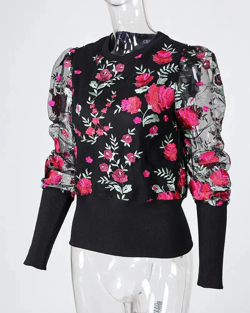 Deanwangkt - Floral Embroidered Sheer Tulle Puff Sleeve Top - Deanwangkt