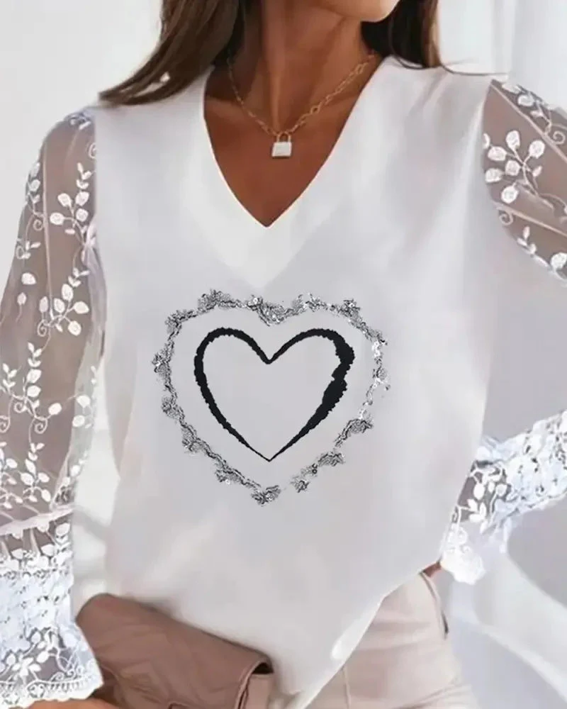 Deanwangkt - Heart Print Contrast Lace Long Sleeve Top - Deanwangkt