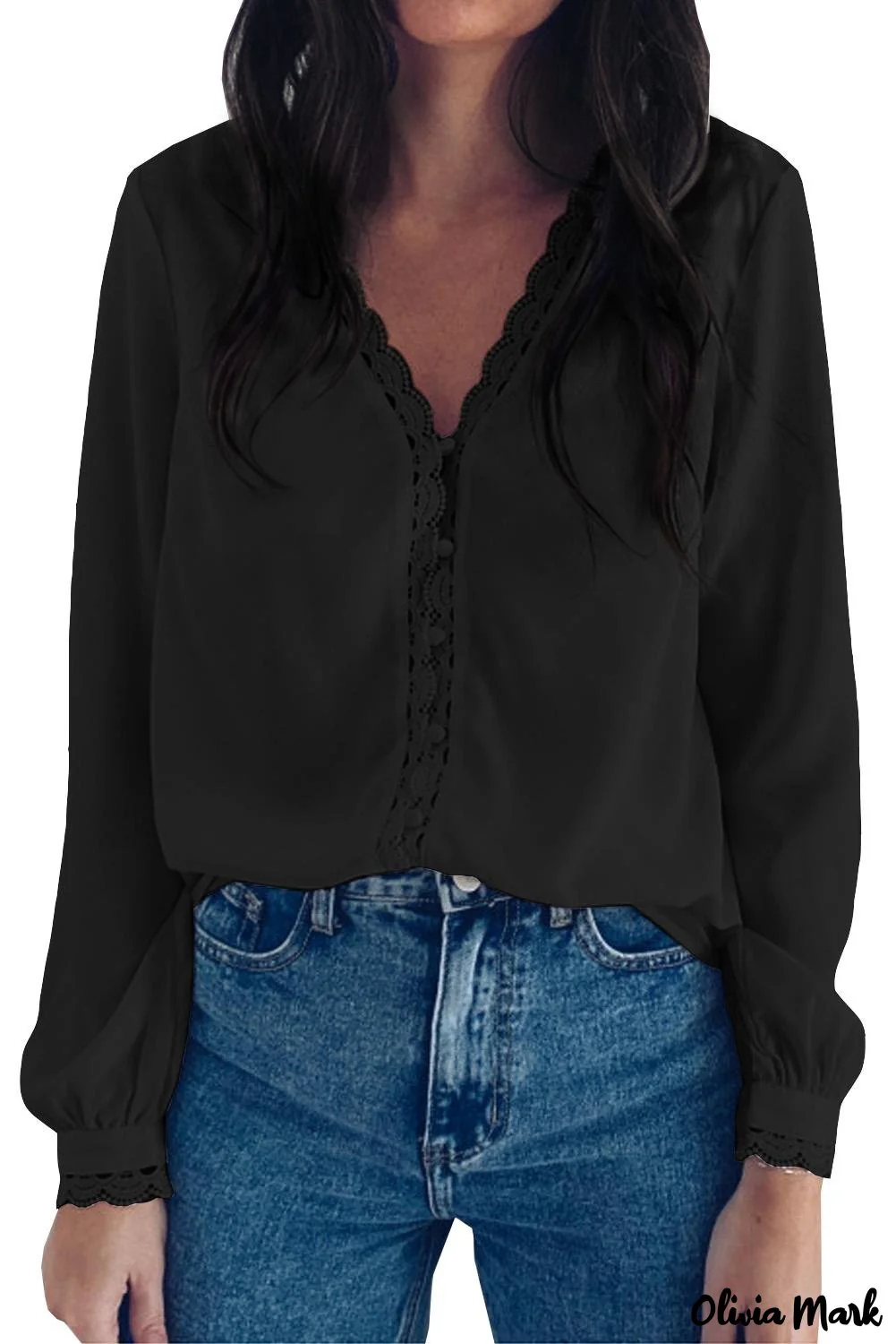 Deanwangkt - Black Crochet Lace Button Down Long Sleeve Shirt - Deanwangkt