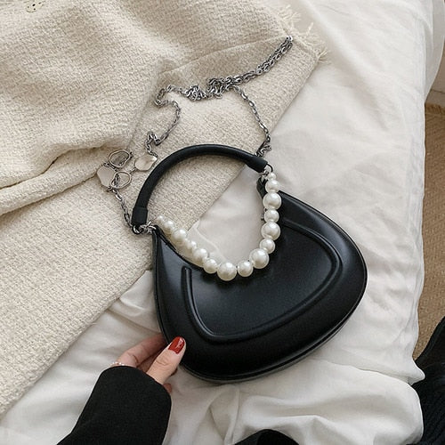 Back To College Deanwangkt Kawaii Tote PU Leather Half Moon Armpit Bag With Pearl Short Handle Women's Designer Handbag Luxury Shoulder Crossbody Bag - Deanwangkt