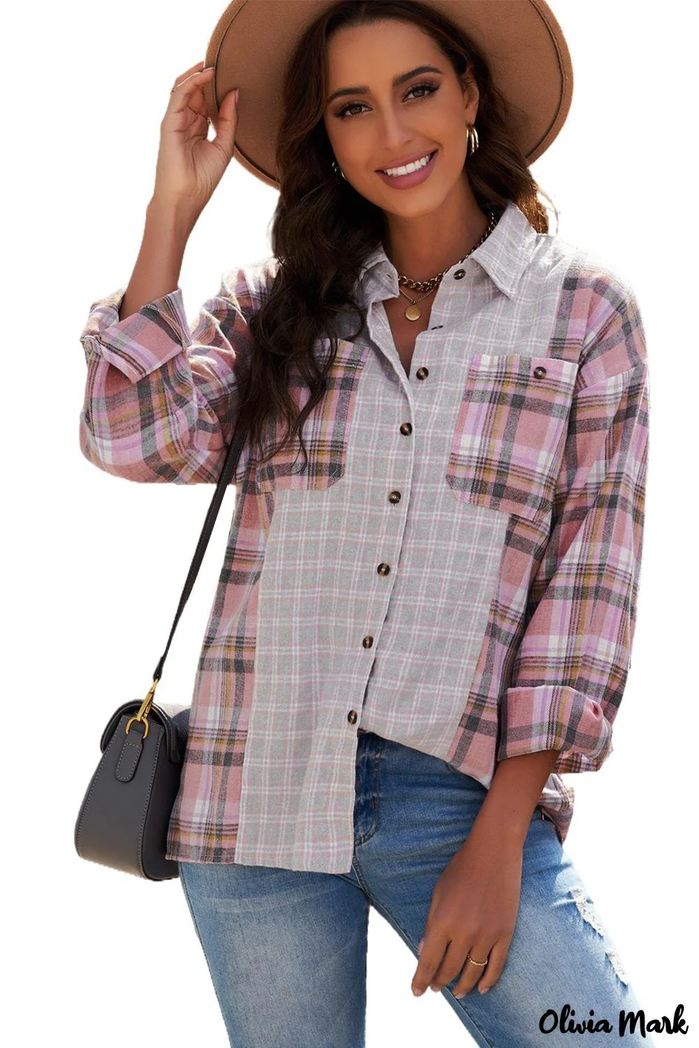 Deanwangkt - Pink Plaid Button Down Long Sleeve Shirt With Color Block Pocket - Deanwangkt
