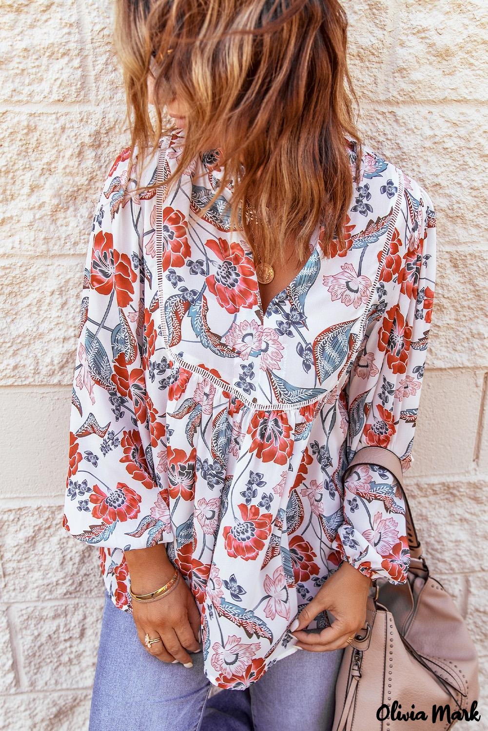Deanwangkt - Red Floral Patchwork Split Neck Bubble Sleeve Blouse - Deanwangkt