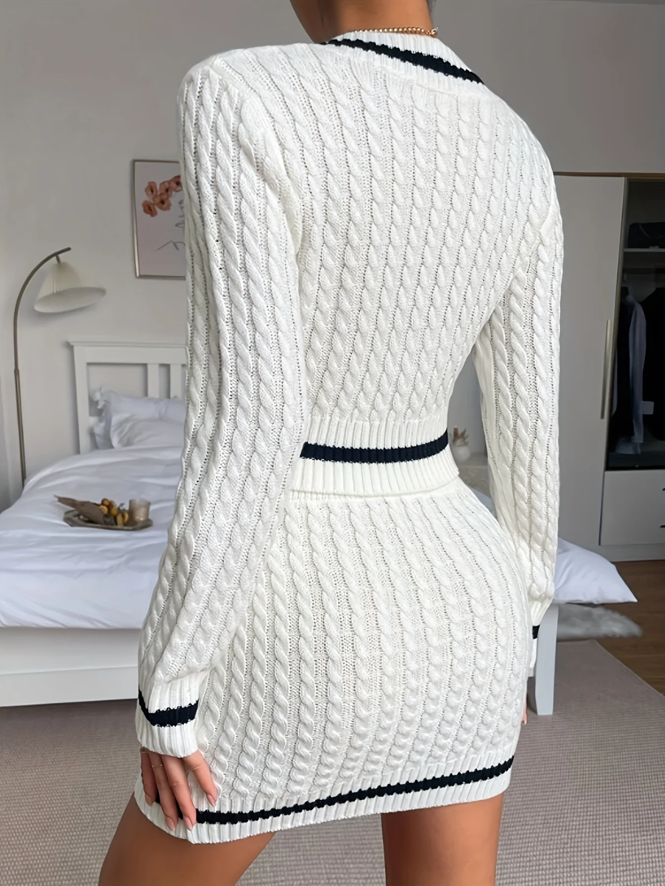 deanwangkt-1  Cable Knit Elegant Two-piece Set, V Neck Long Sleeve Tops & Bag Hip Mini Skirts Outfits, Women's Clothing - Deanwangkt