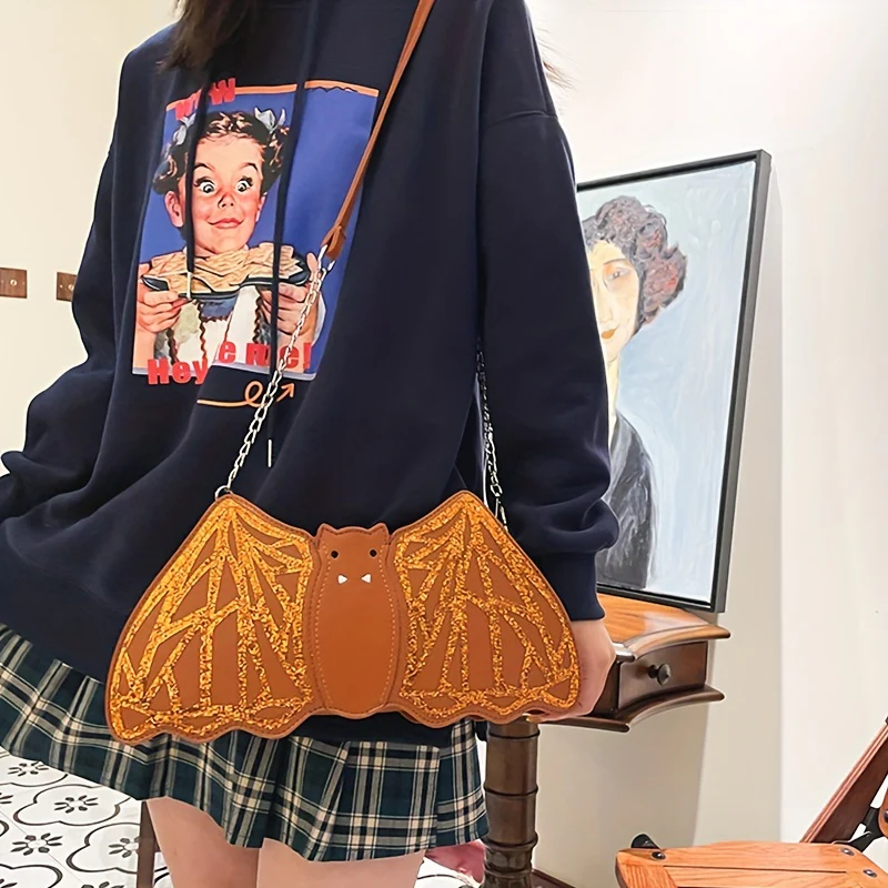 Sequins Bat Shape Crossbody Bag, Halloween Party Shoulder Bag, Bat Ghost Elf Embroidery Novelty Bag - Deanwangkt