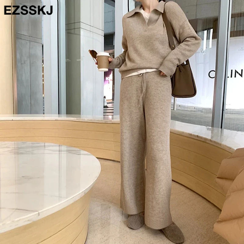 Christmas Gift 2 Pieces Set Women oversize Tracksuit polo collar Sweater Pullover straight pants Sweater Set CHIC Knitted Outwear sweater suit - Deanwangkt