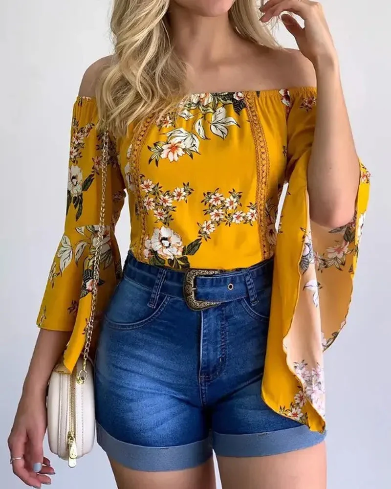 Deanwangkt - Off-the-Shoulder Floral Print Bell-Sleeve Top - Deanwangkt