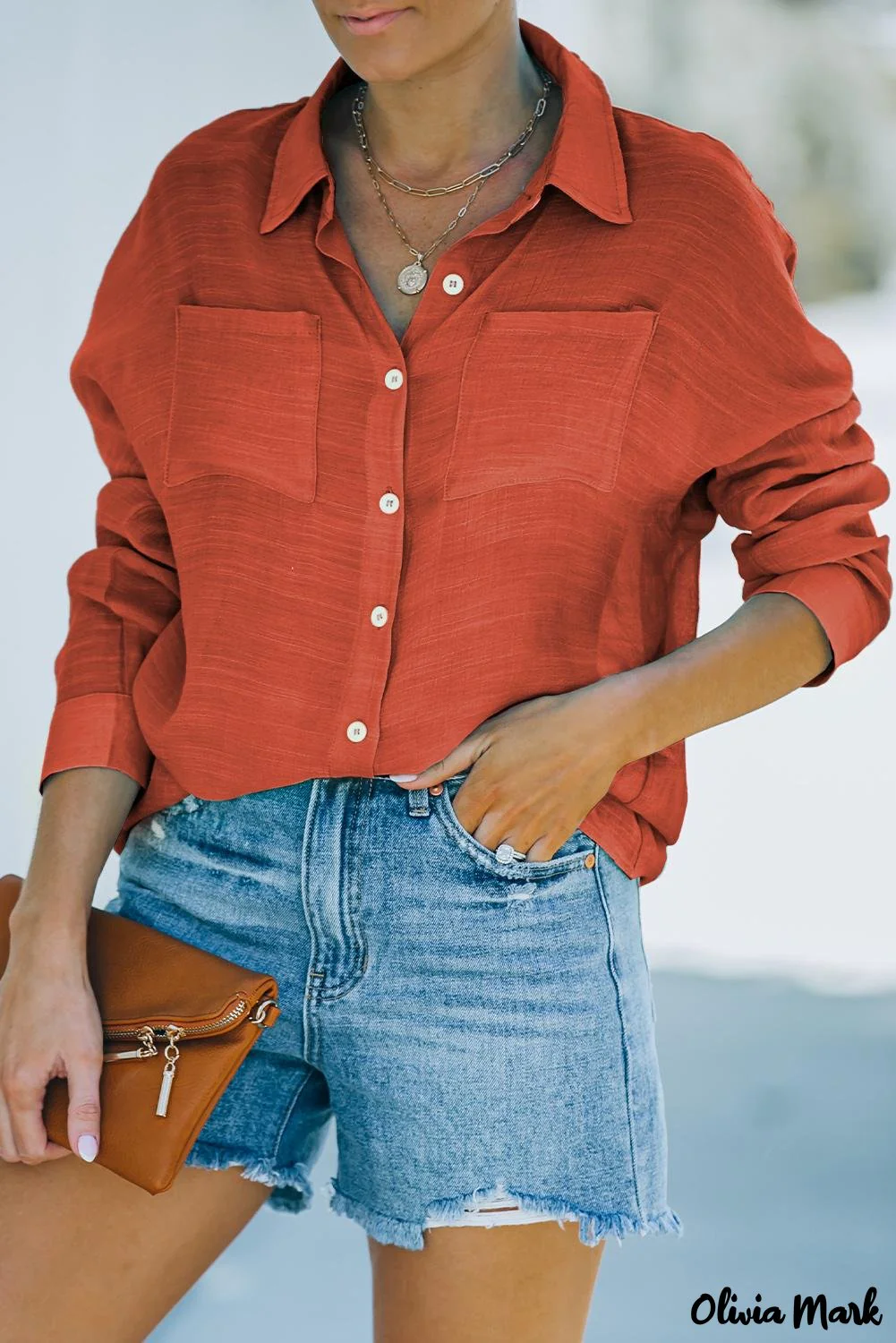 Deanwangkt - Red loose button-up long sleeve shirt with pocket - Deanwangkt