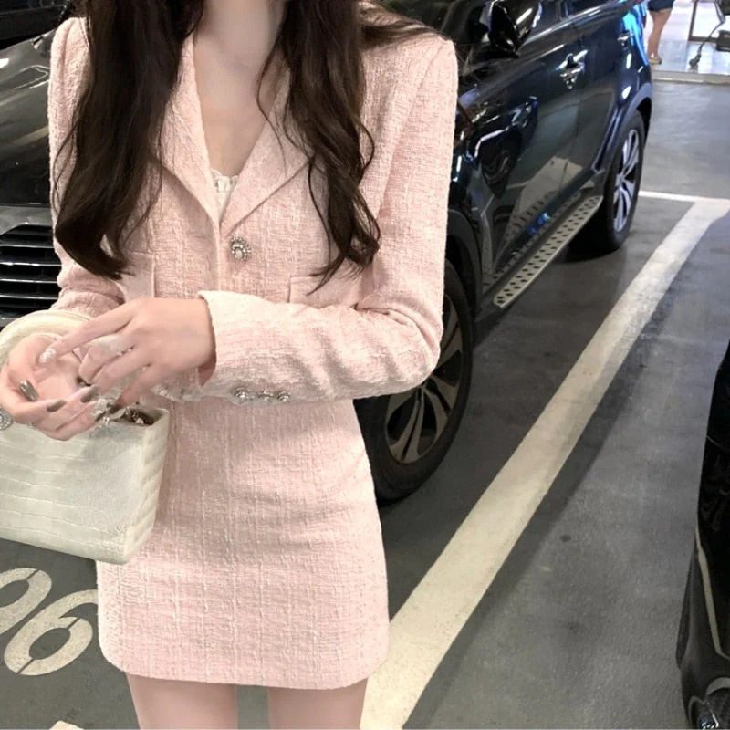 Christmas Gift Deanwangkt Autumn 2 Piece Dress Set Women Korean Fashion Suit Office Lady Pure Color Elegant Skirt + Long Sleeve Vintage Coat Female - Deanwangkt