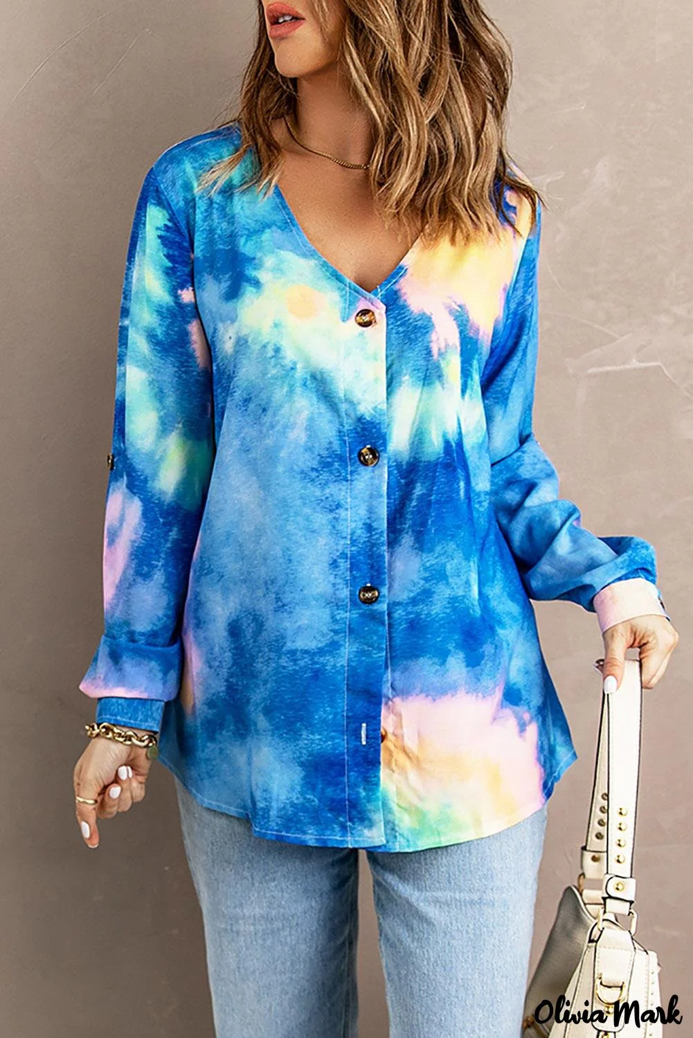 Deanwangkt - Blue Tie-Dye Long Sleeve V-Neck Blouse With Button Closure - Deanwangkt
