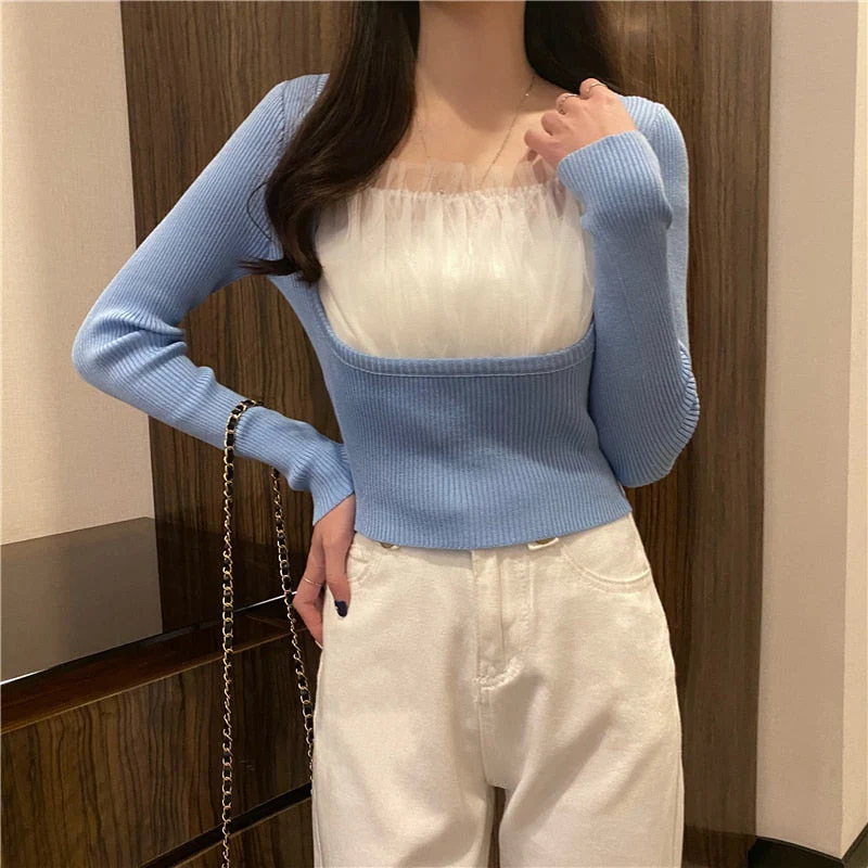 Christmas Gift Deanwangkt early spring new square collar patchwork basic bottomig shirt elegant fashion termperament women's shirt spring female tops - Deanwangkt